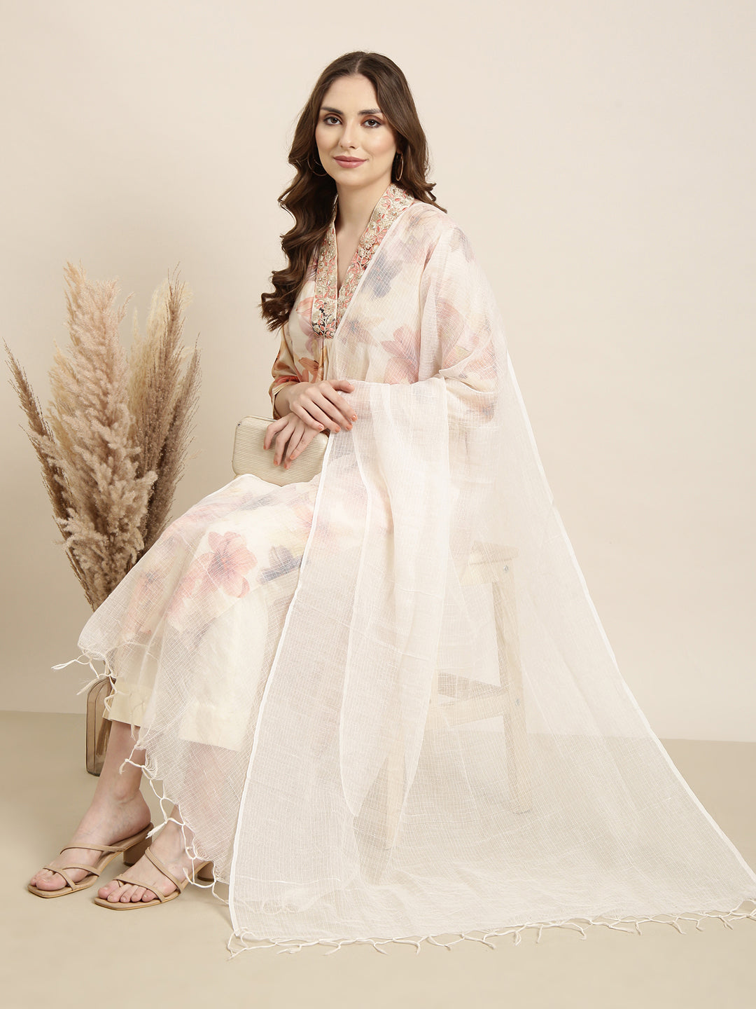 Women Straight Off White Floral Kurta and Trousers Set Comes With Dupatta