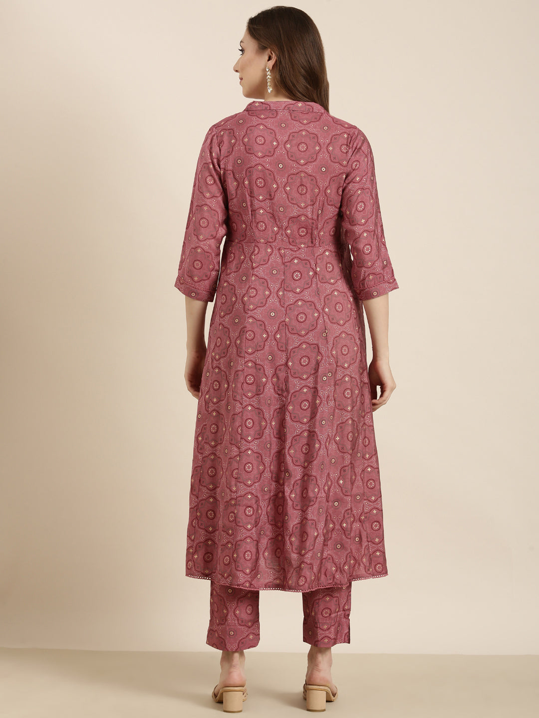 Women A-Line Pink Ethnic Motifs Kurta and Trousers Set