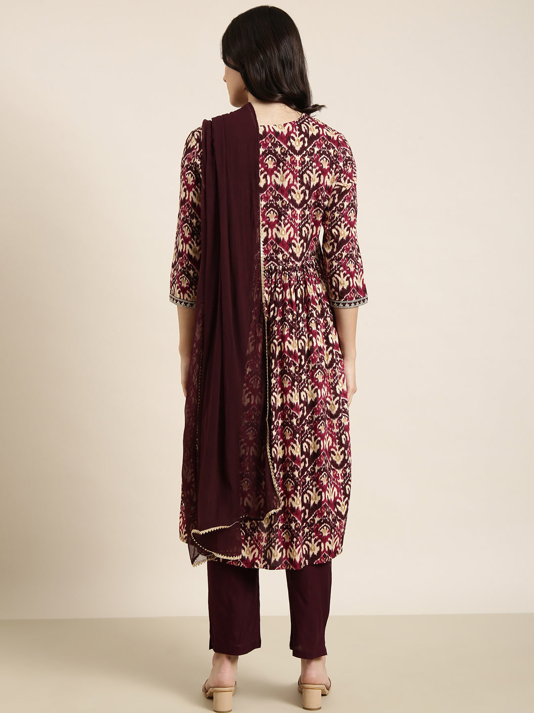 Women A-Line Burgundy Ethnic Motifs Kurta and Trousers Set Comes With Dupatta