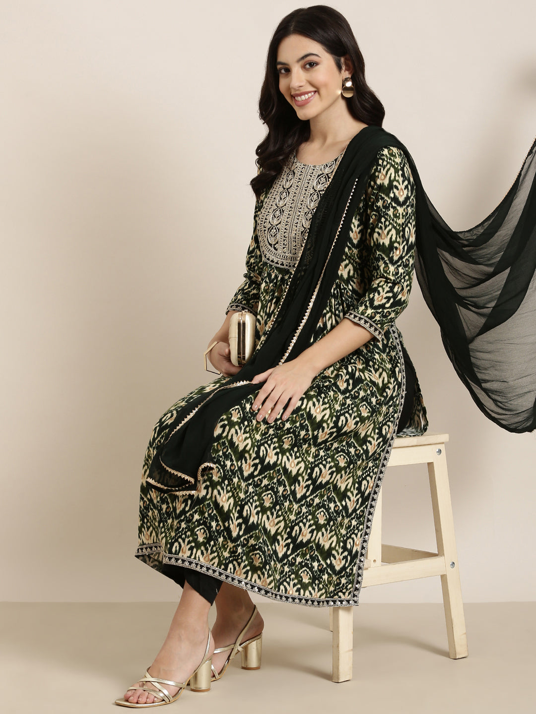 Women A-Line Green Ethnic Motifs Kurta and Trousers Set Comes With Dupatta