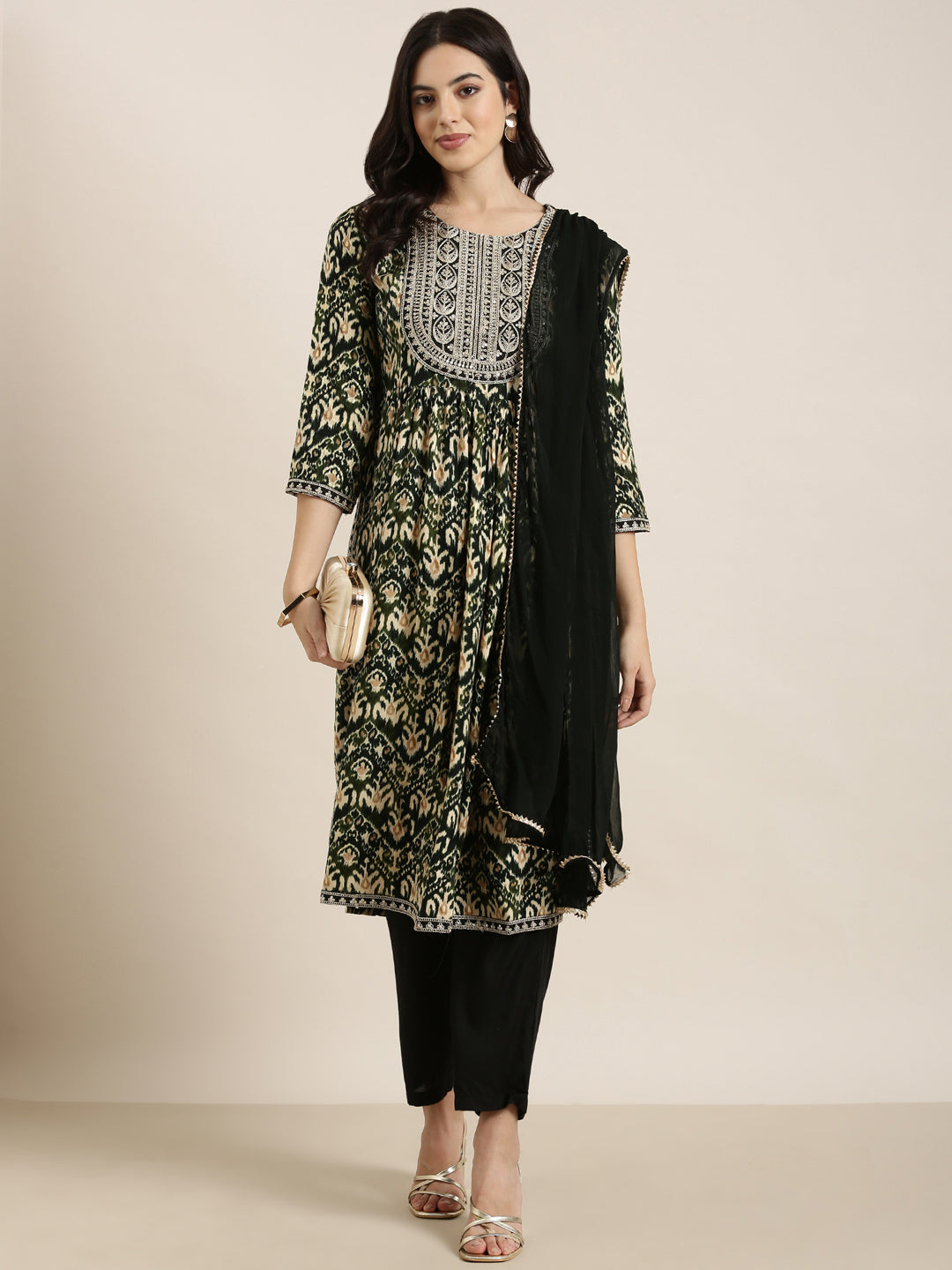 Women A-Line Green Ethnic Motifs Kurta and Trousers Set Comes With Dupatta