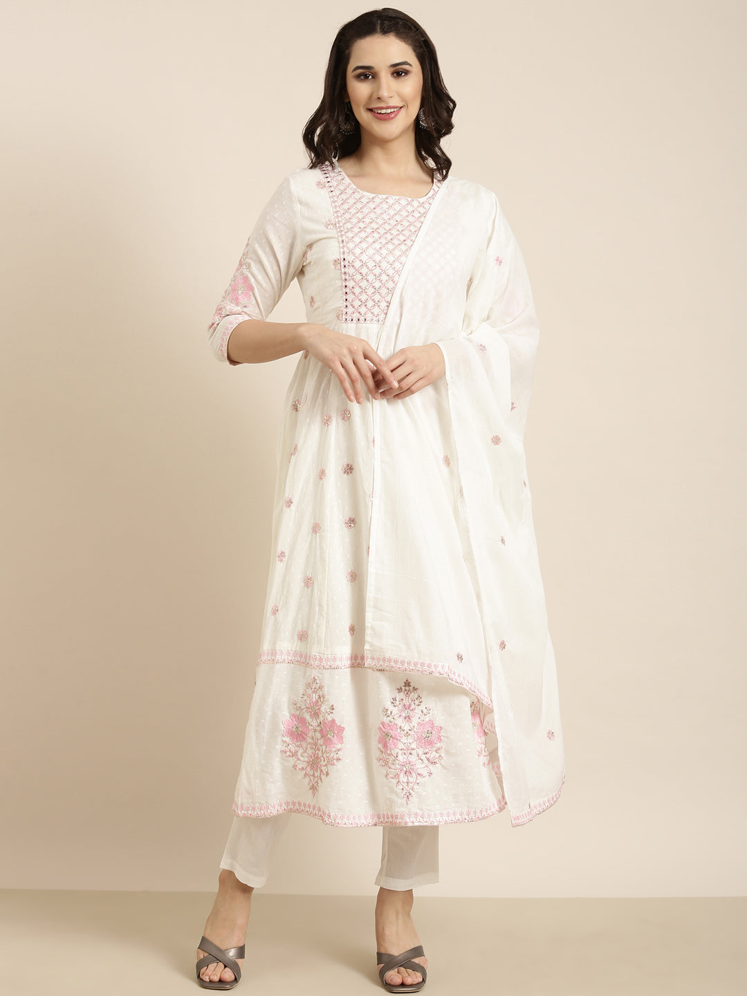 Women Anarkali Off White Floral Kurta and Trousers Set Comes With Dupatta