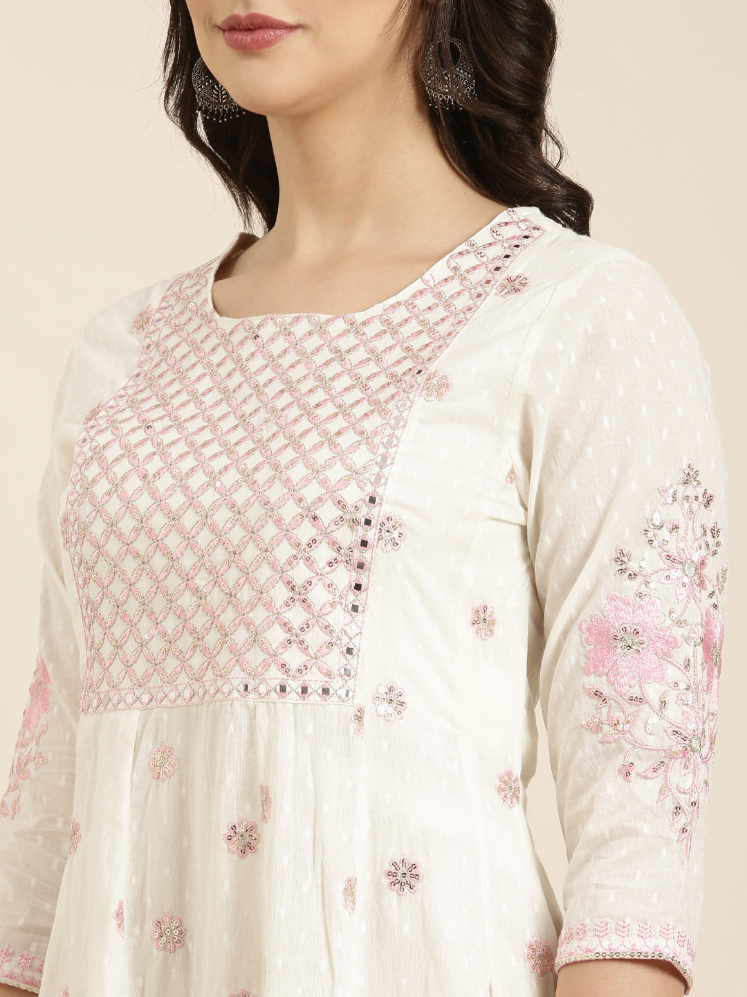 Women Anarkali Off White Floral Kurta and Trousers Set Comes With Dupatta