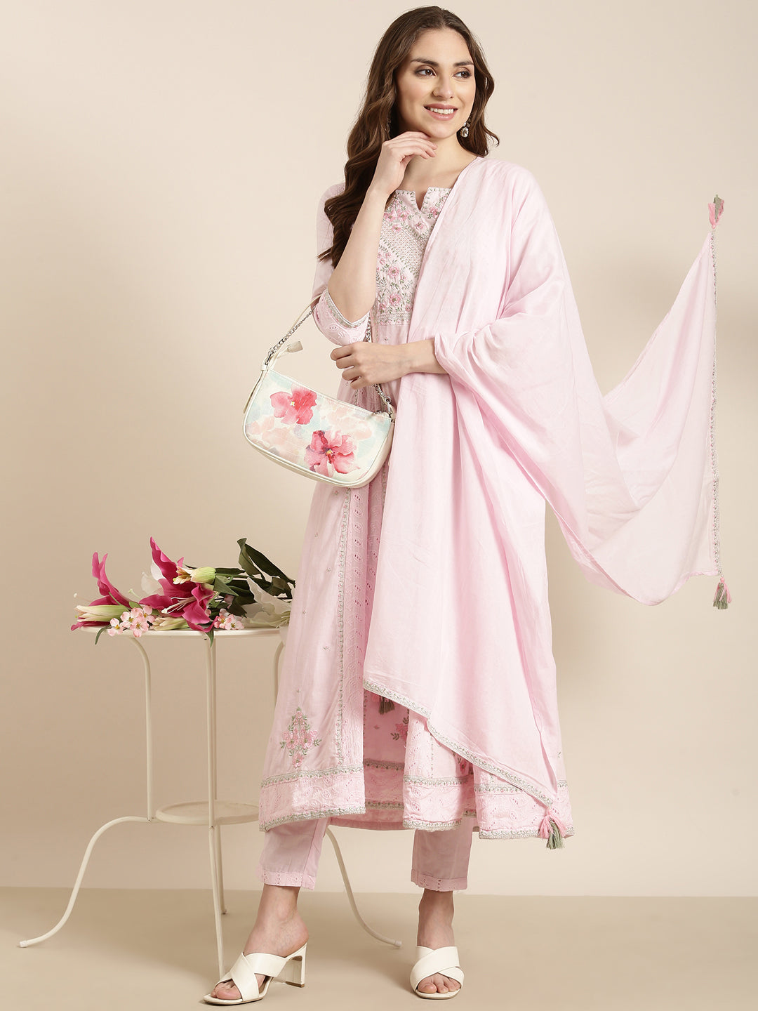 Women Anarkali Pink Floral Kurta and Trousers Set Comes With Dupatta