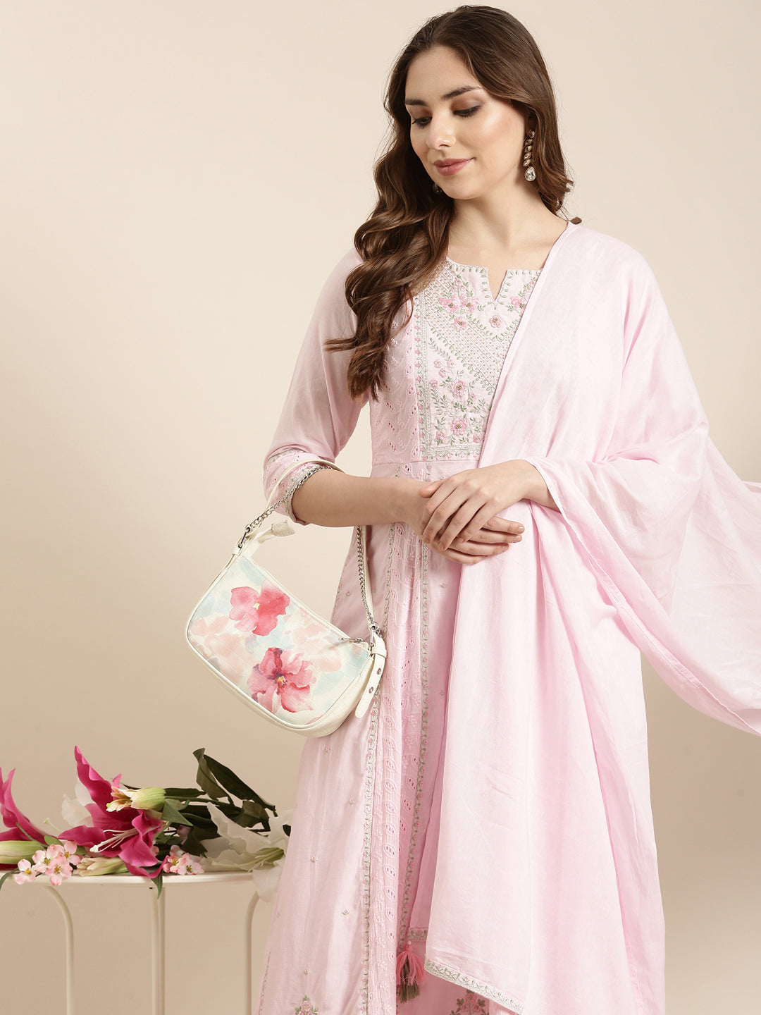 Women Anarkali Pink Floral Kurta and Trousers Set Comes With Dupatta