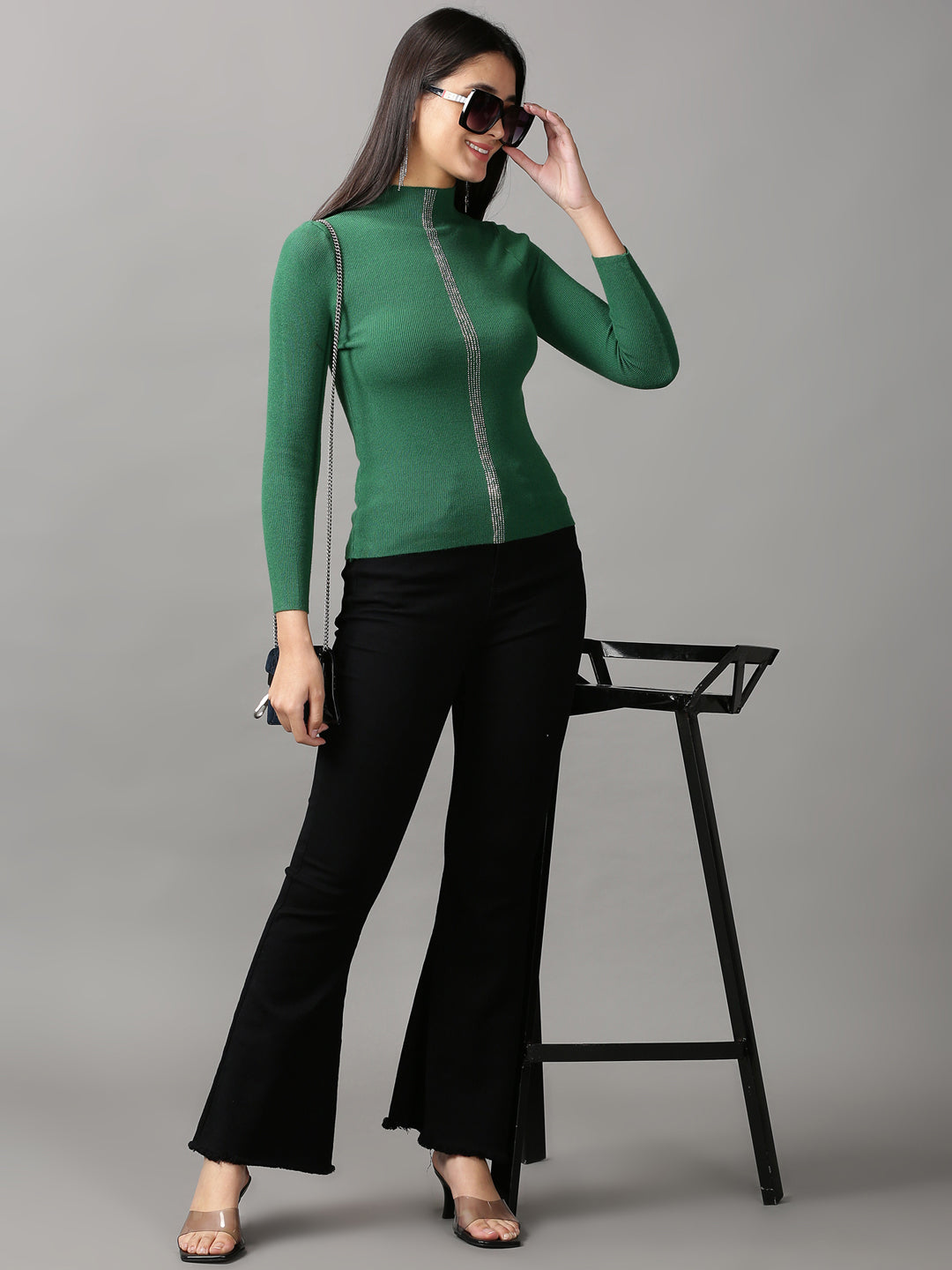 Women's Green Embellished Fitted Top