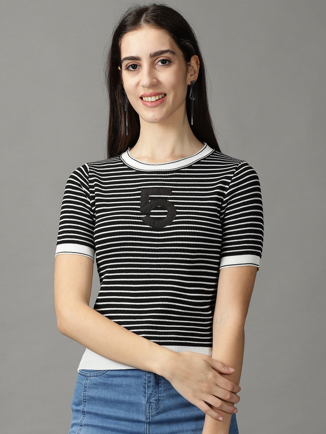 Women's Black Striped Fitted Top