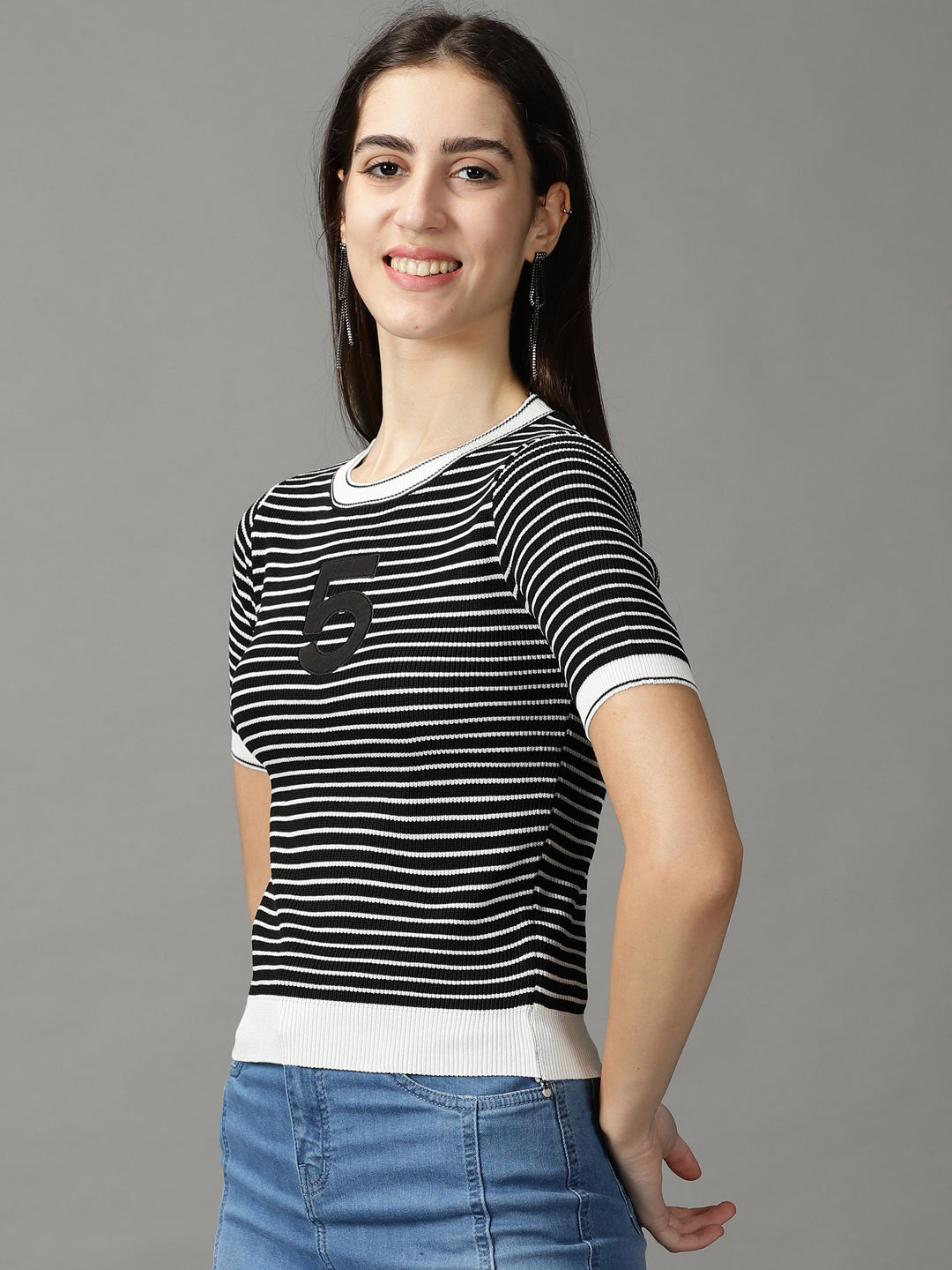 Women's Black Striped Fitted Top