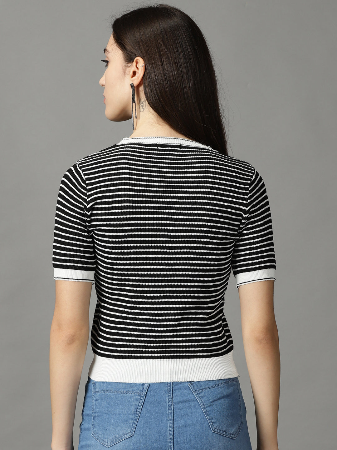 Women's Black Striped Fitted Top