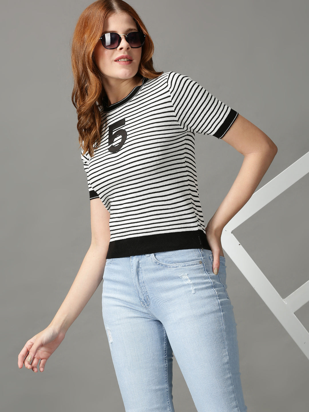 Women's White Striped Fitted Top