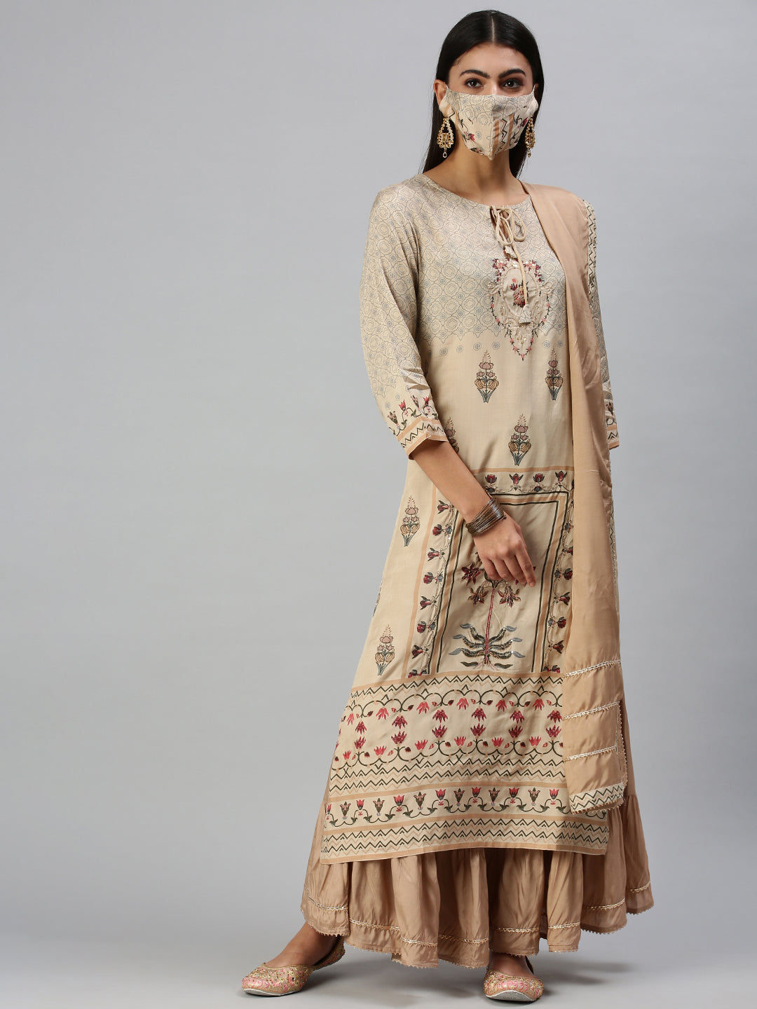 Women's Beige Printed Kurta Sets