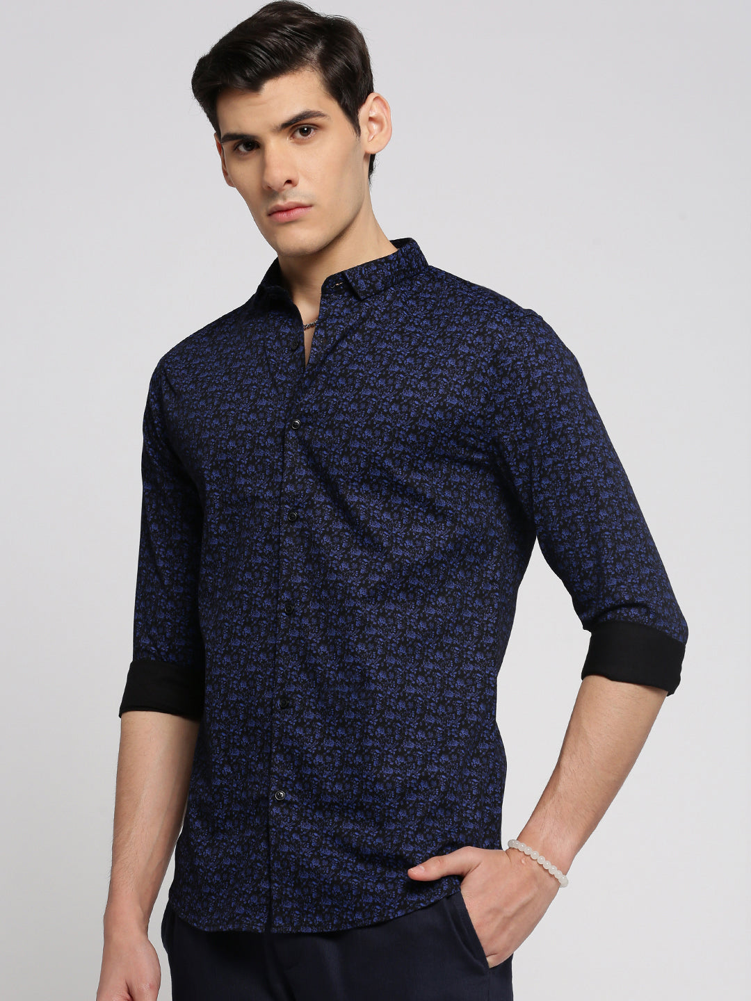 Men Black Spread Collar Floral Shirt