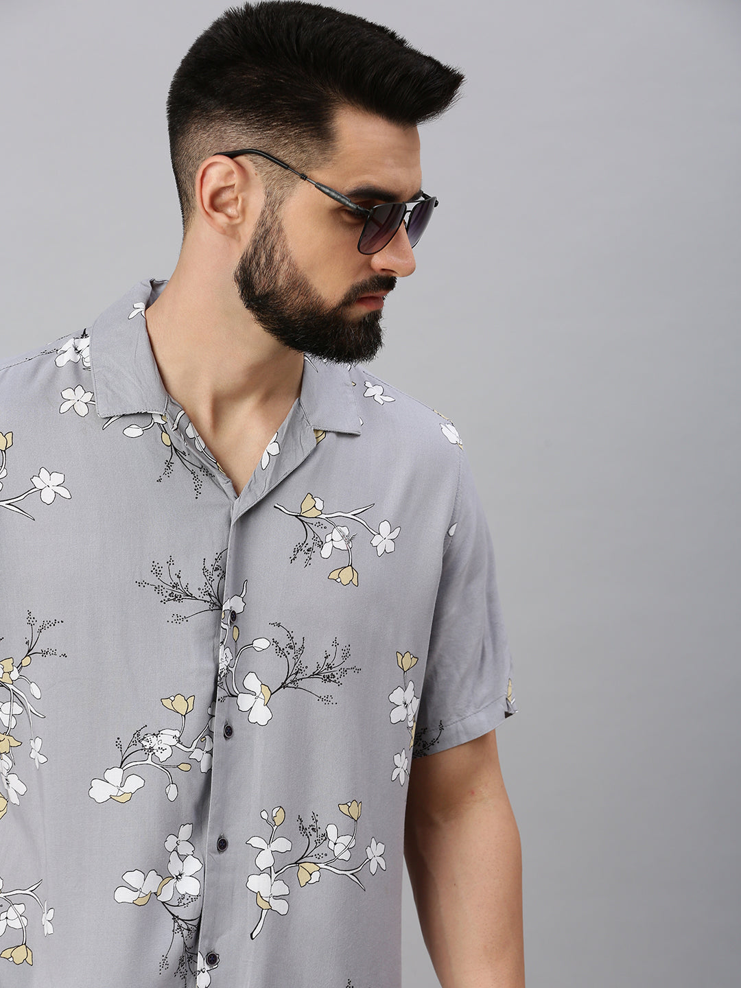 Men Grey Floral Casual Shirt