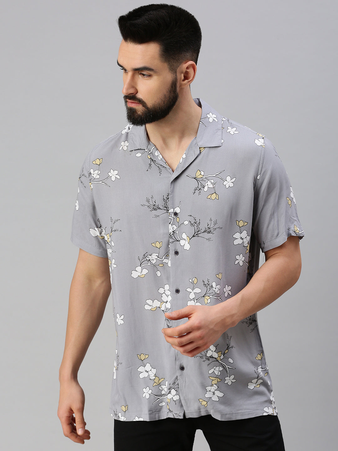 Men Grey Floral Casual Shirt