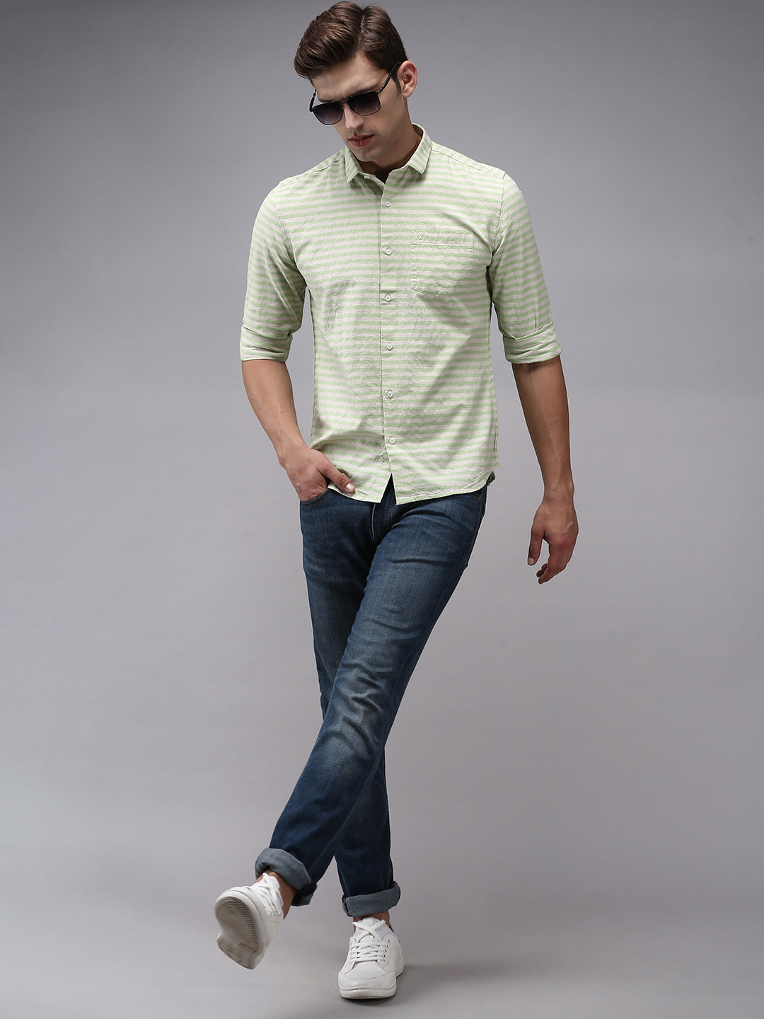 Men Green Striped Casual Shirt