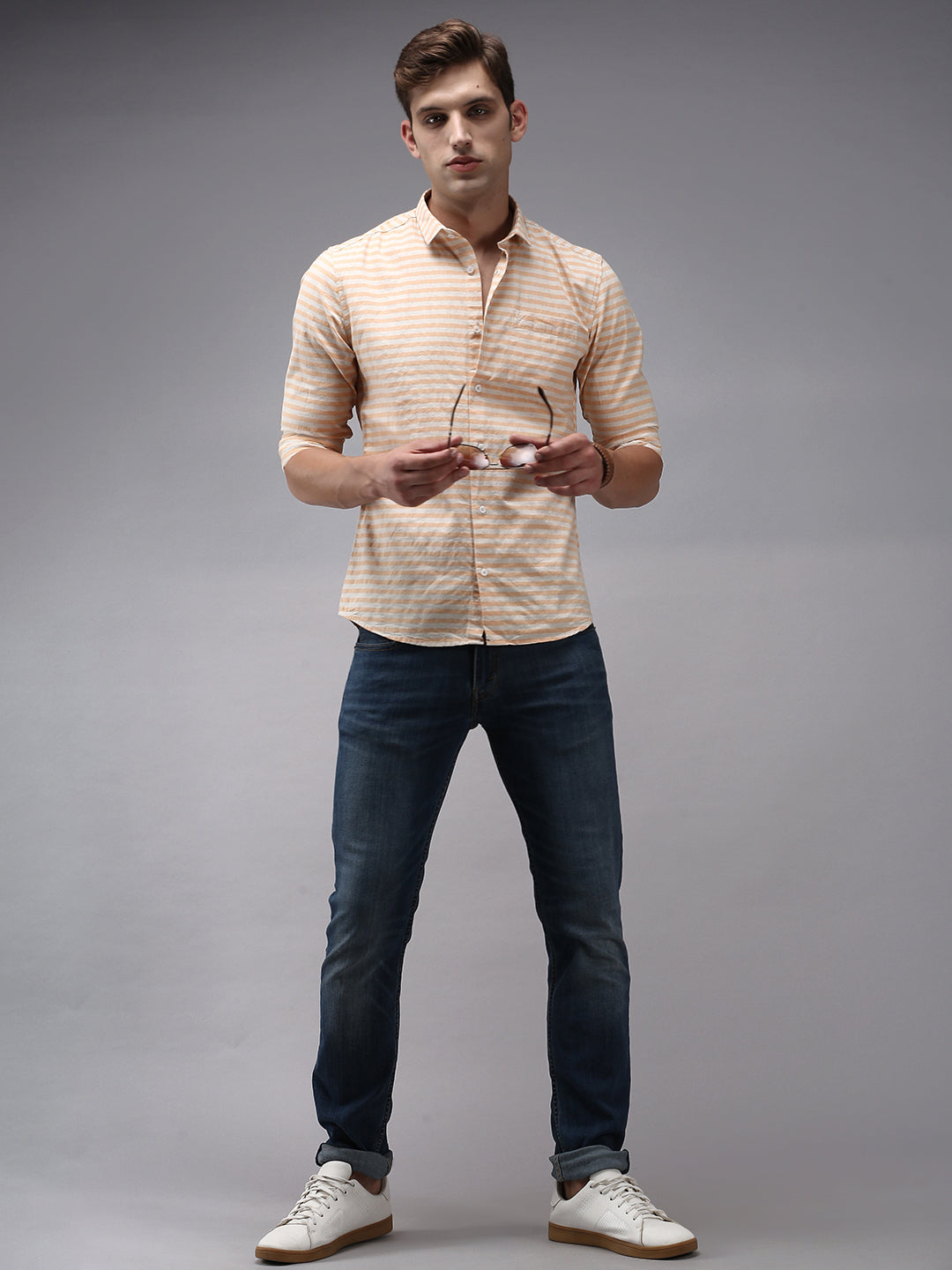 Men Orange Striped Casual Shirt