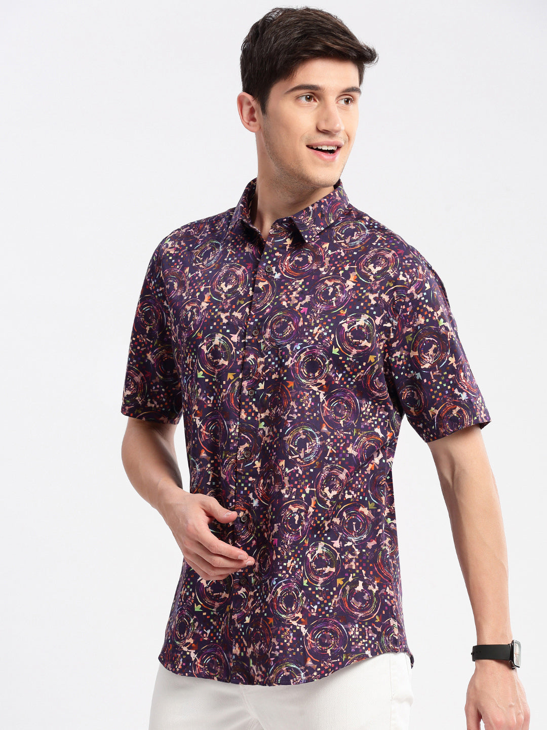 Men Spread Collar Abstract Purple Casual Shirt