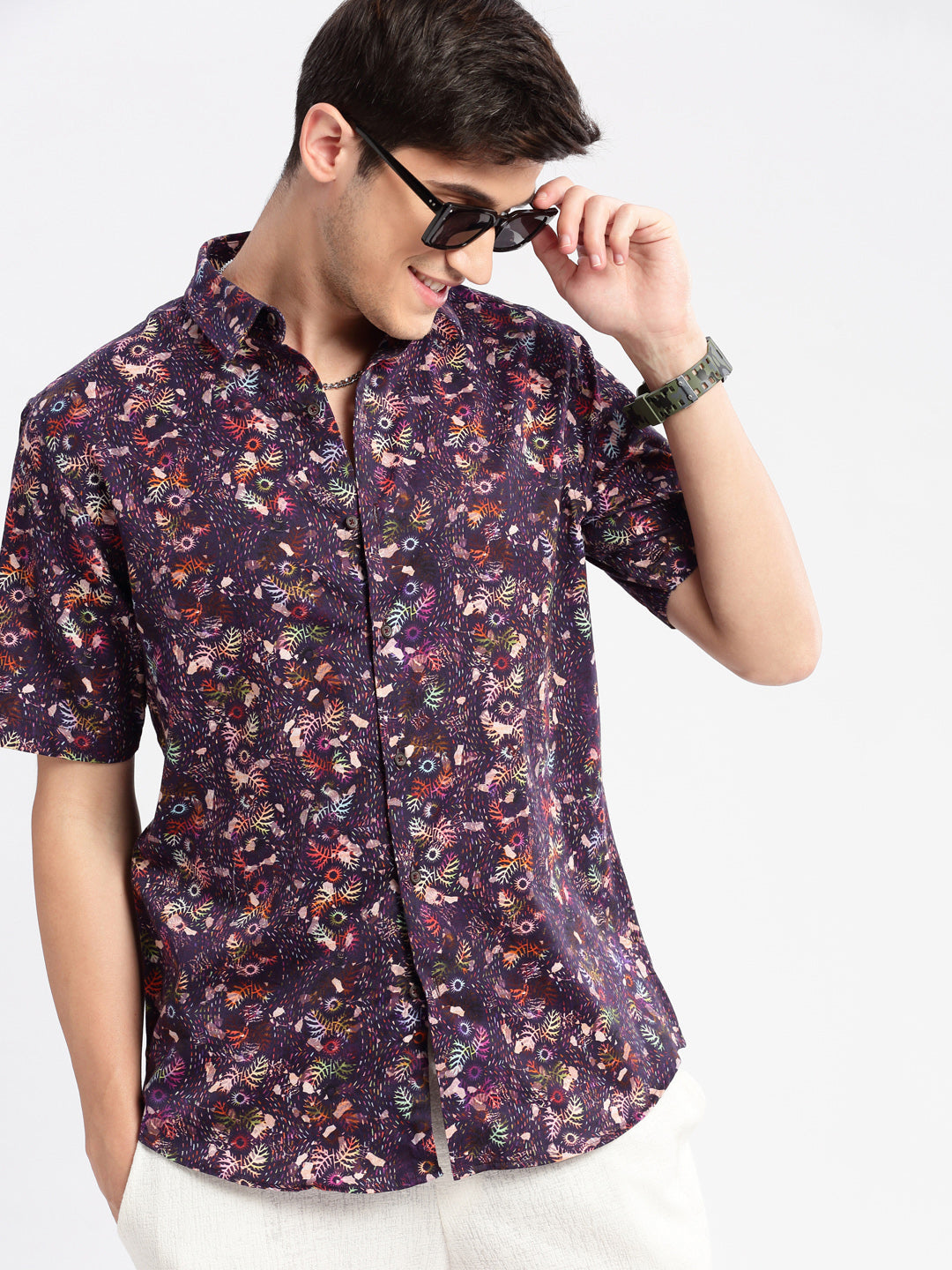 Men Spread Collar Abstract Purple Casual Shirt
