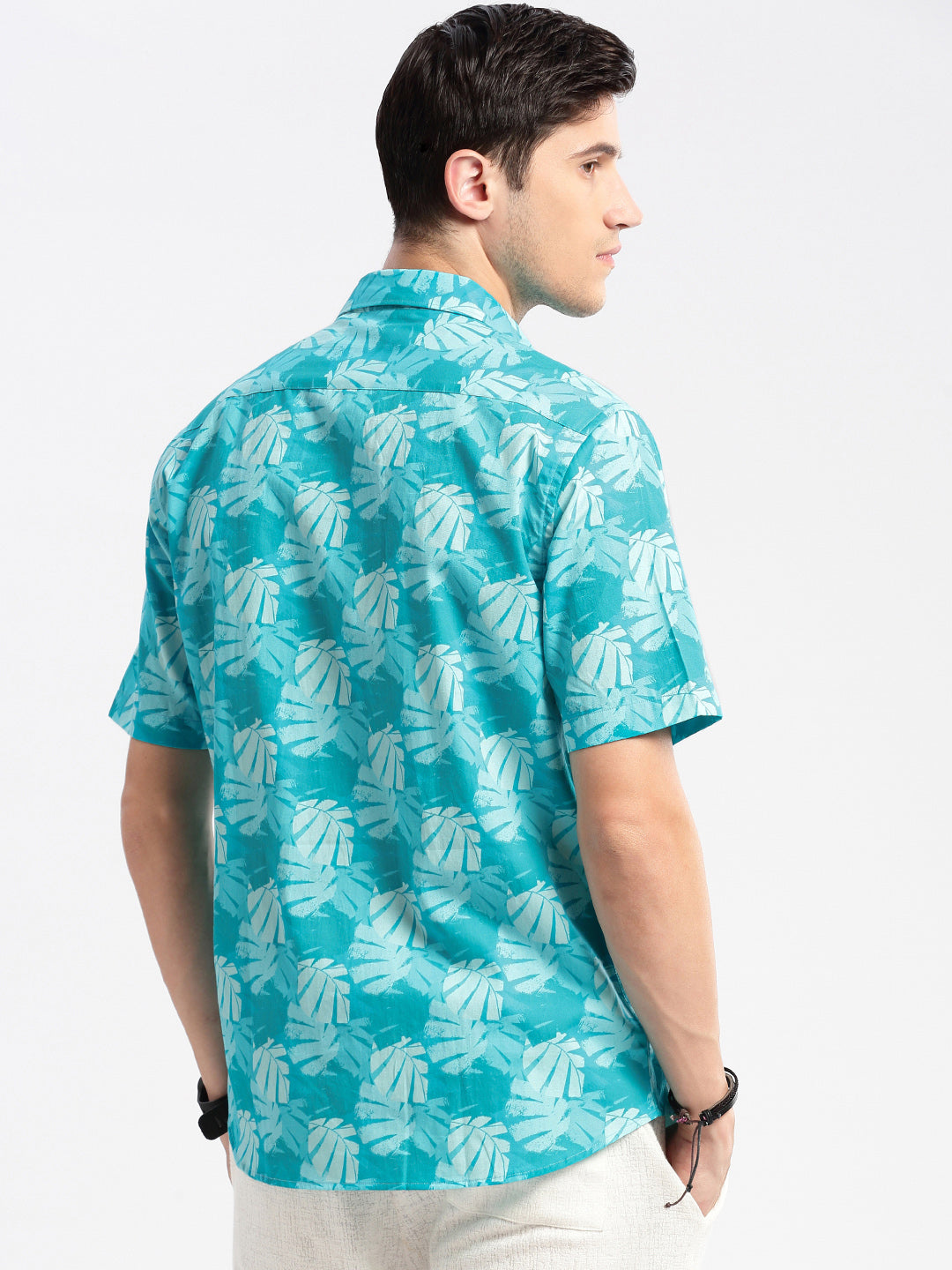 Men Spread Collar Floral Turquoise Blue Casual Shirt