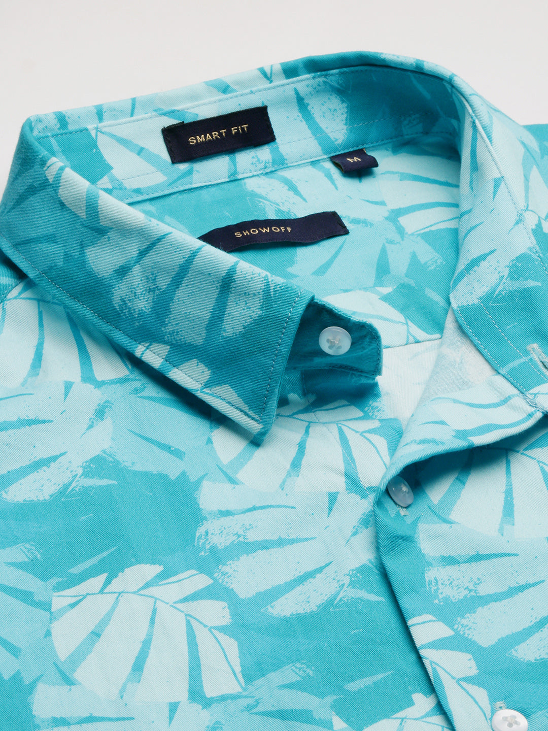 Men Spread Collar Floral Turquoise Blue Casual Shirt