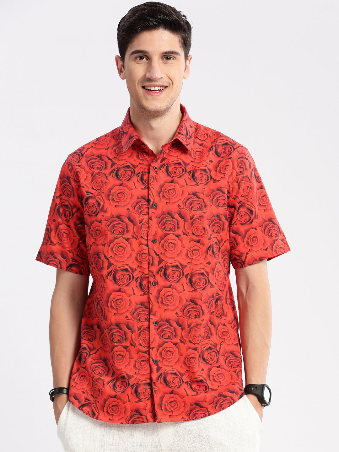 Men Spread Collar Floral Red Casual Shirt