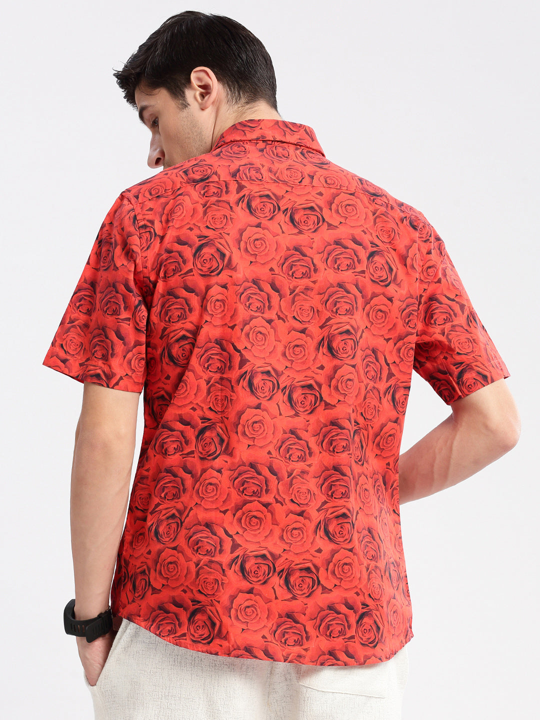 Men Spread Collar Floral Red Casual Shirt