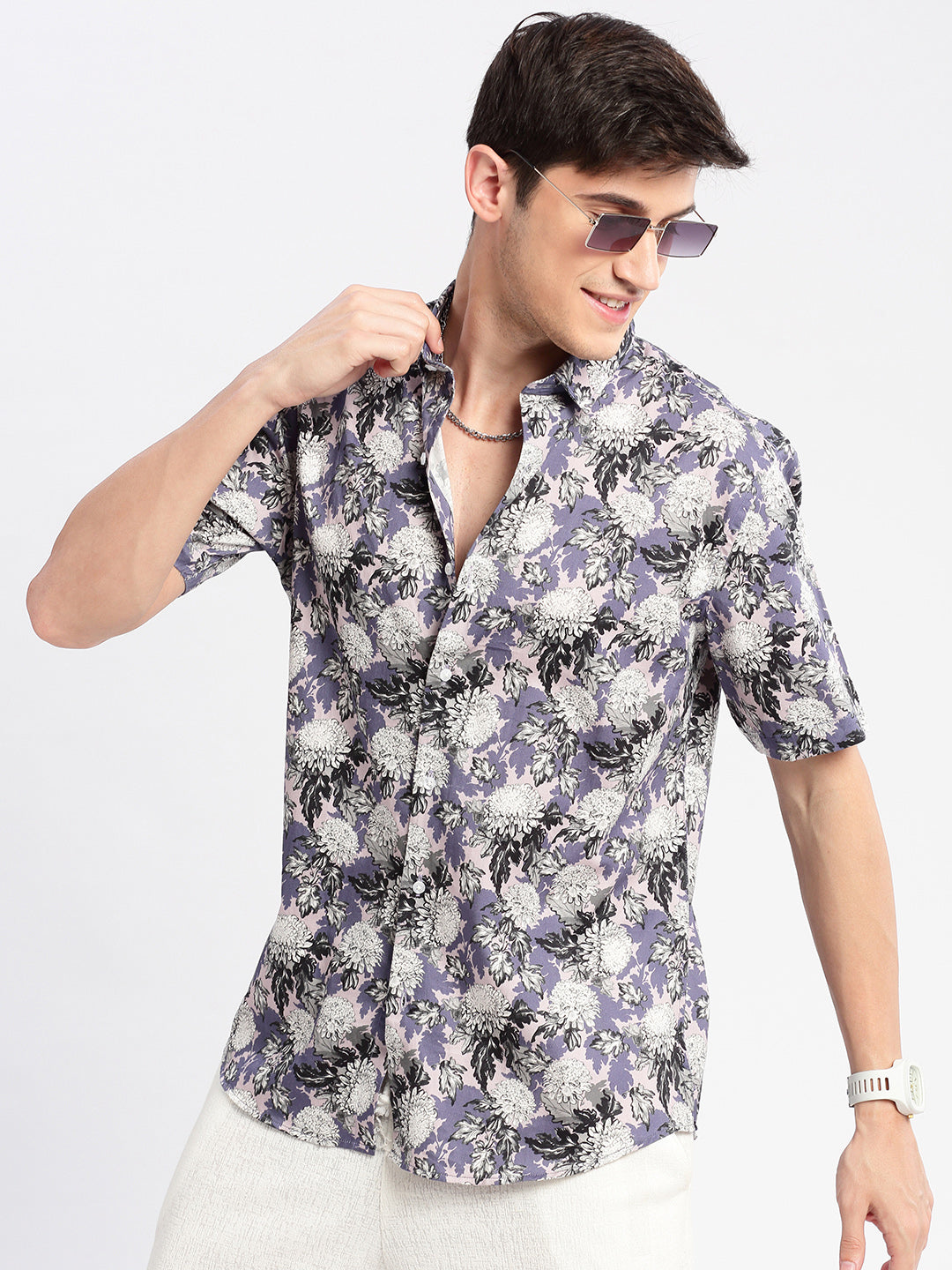 Men Spread Collar Floral Lavender Casual Shirt