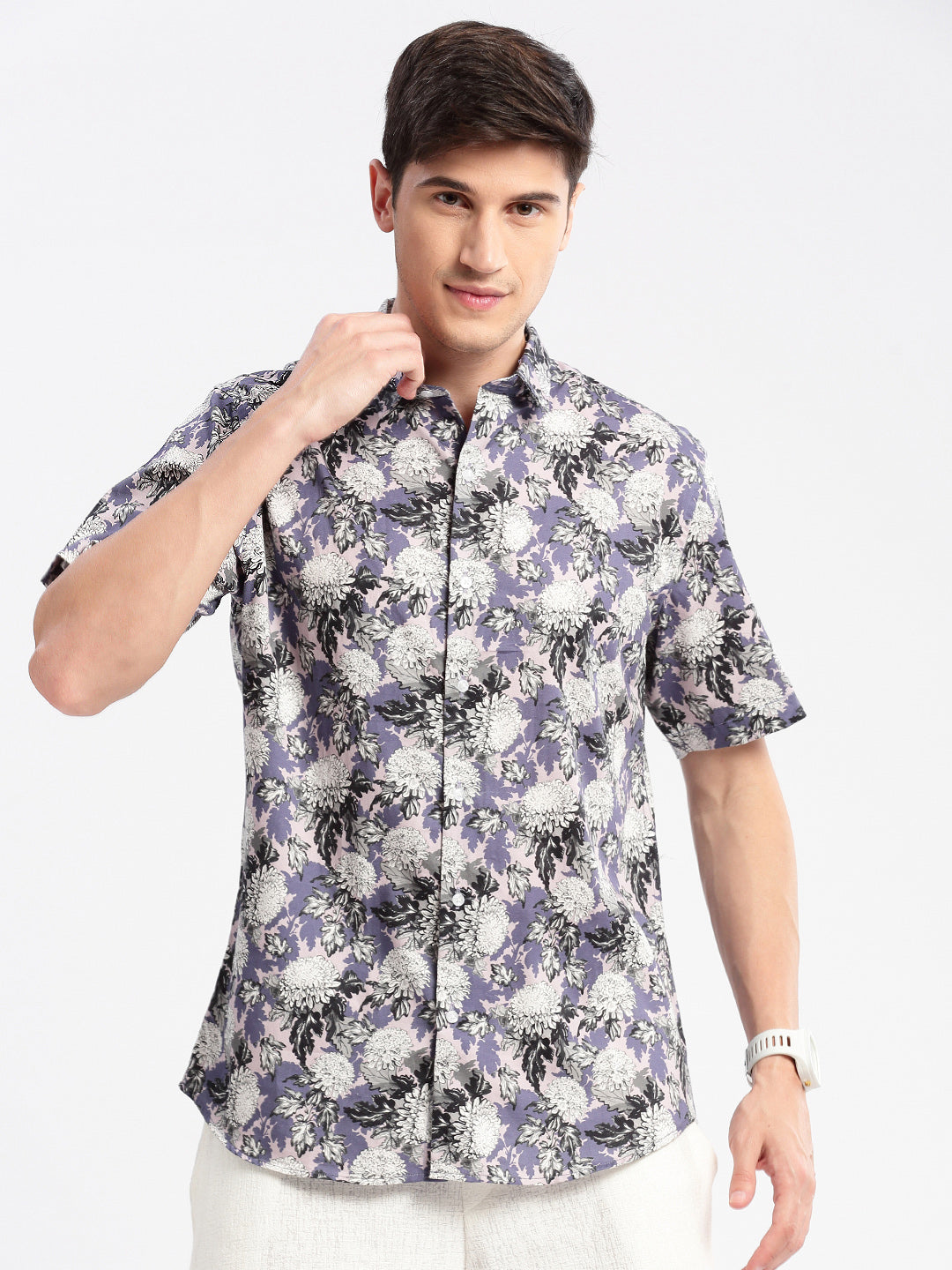 Men Spread Collar Floral Lavender Casual Shirt