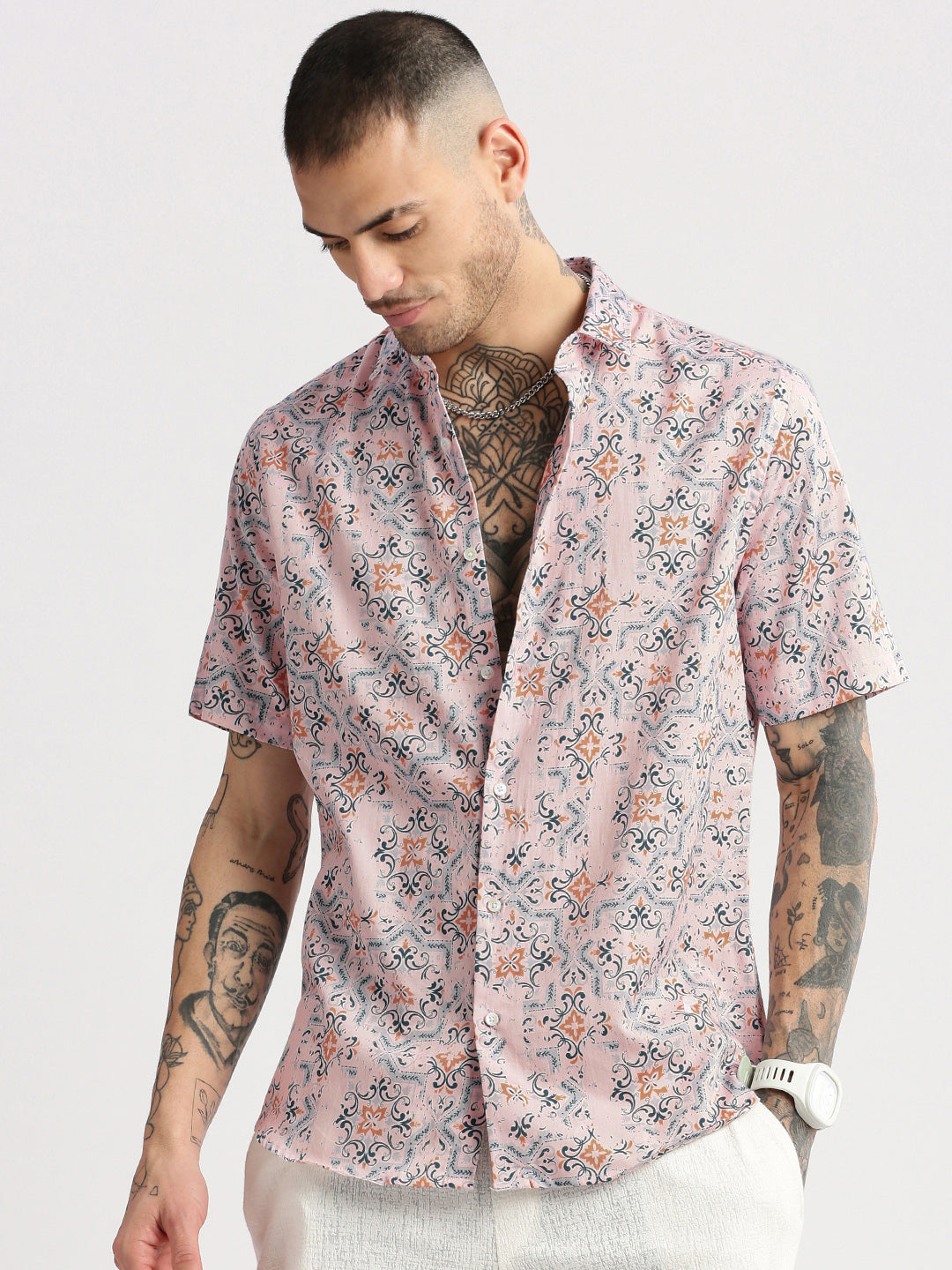 Men Spread Collar Ethnic Motifs Pink Casual Shirt