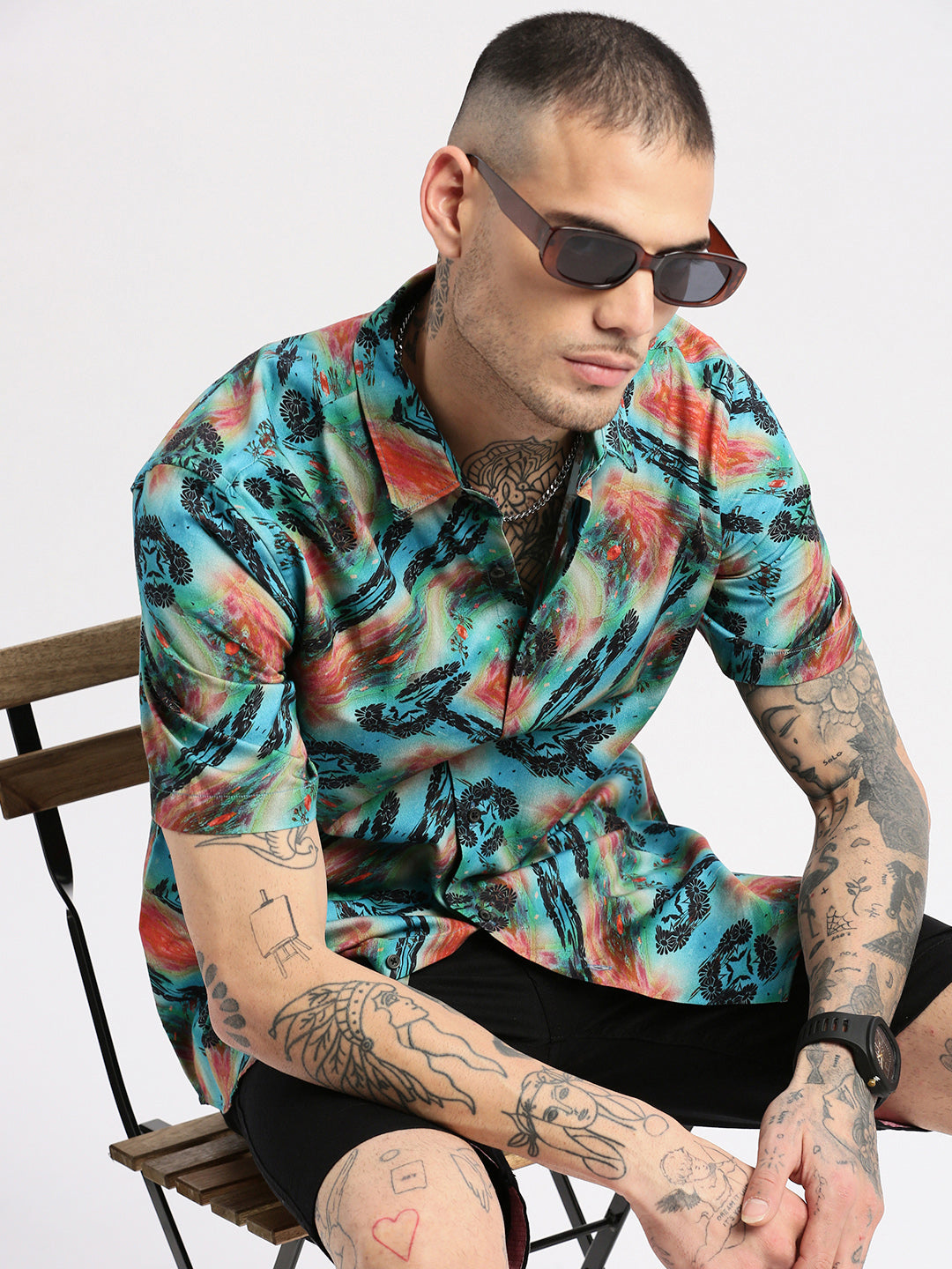 Men Spread Collar Floral Turquoise Blue Casual Shirt