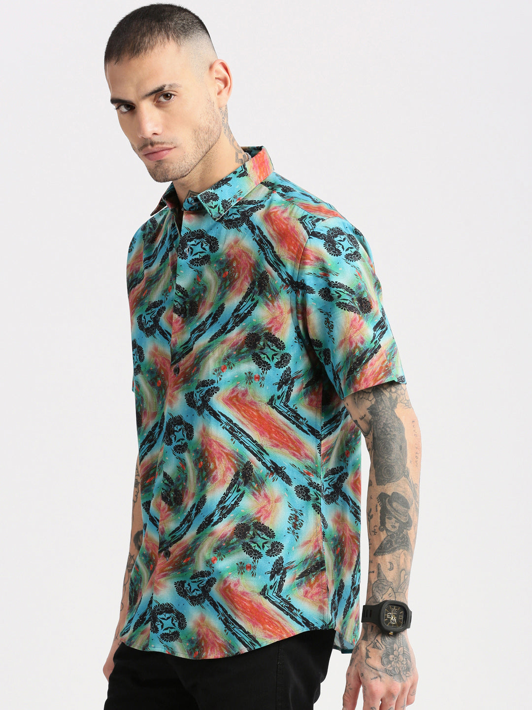Men Spread Collar Floral Turquoise Blue Casual Shirt
