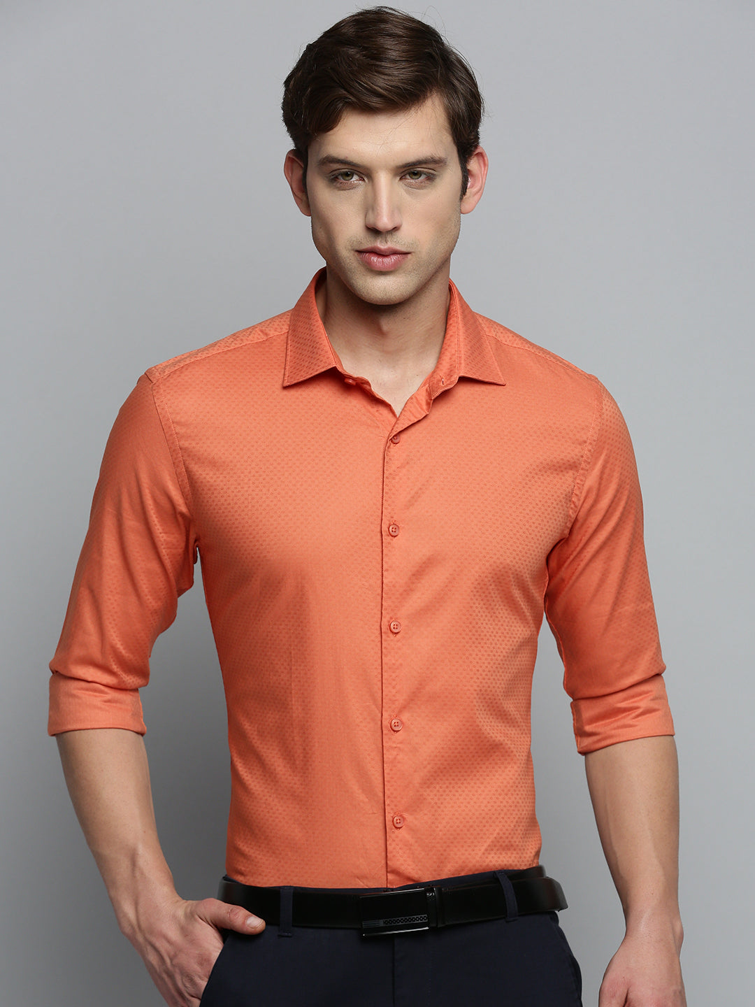 Men Orange Textured Formal Shirt