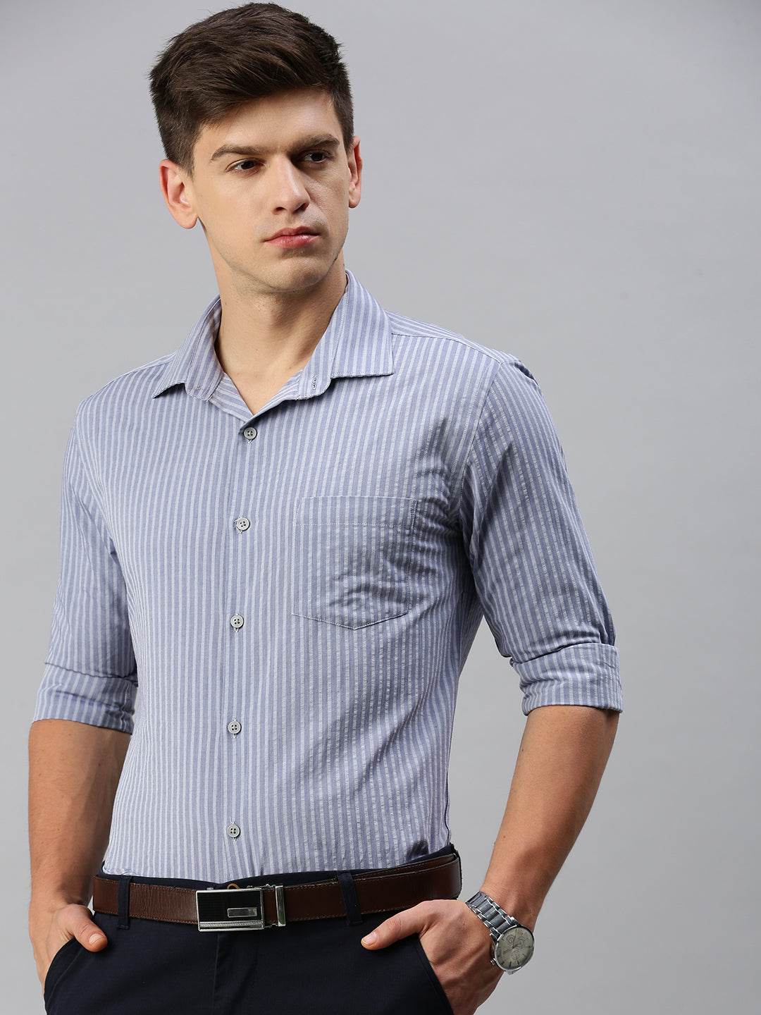 Men Grey Striped Formal Shirt