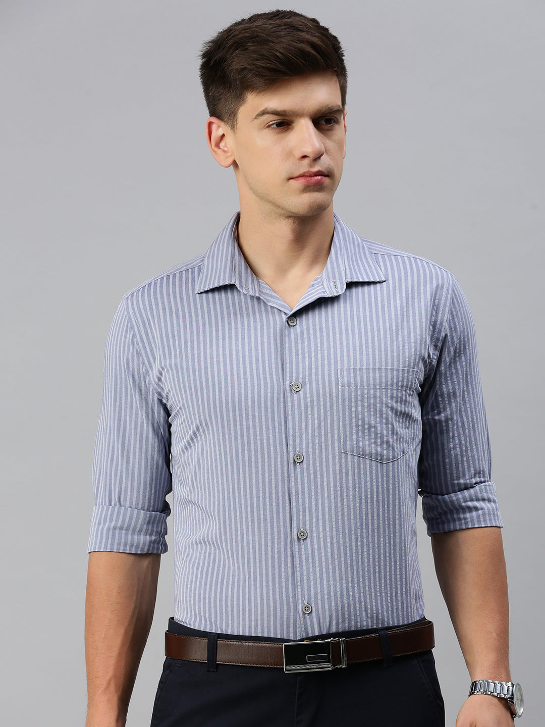 Men Grey Striped Formal Shirt
