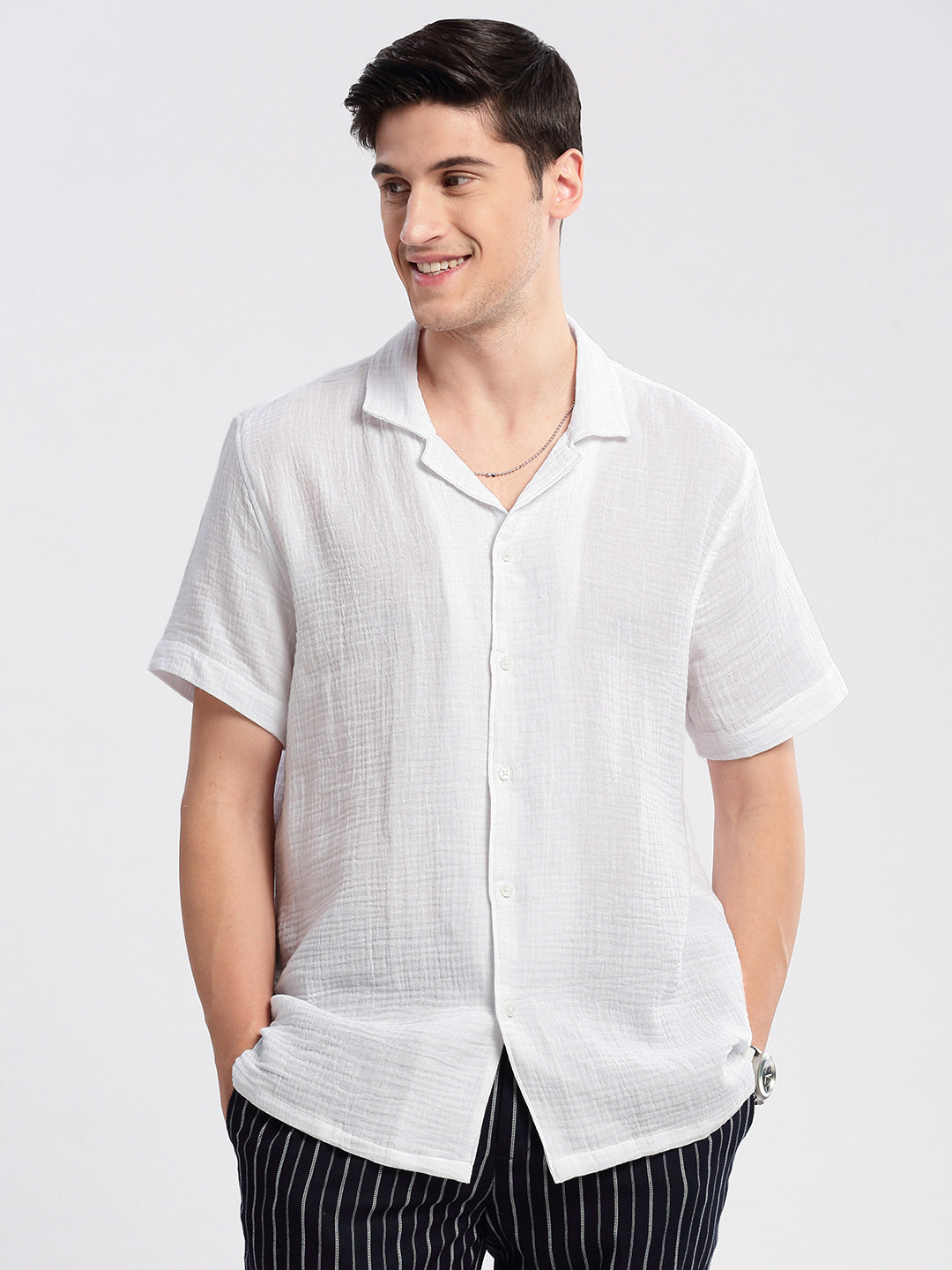 Men Cuban Collar Solid White Casual Shirt