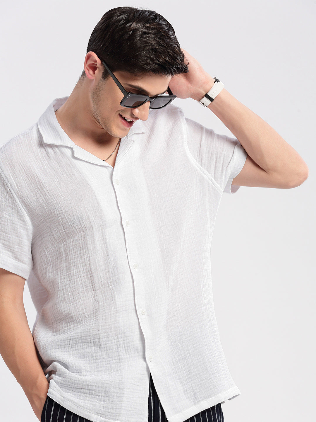 Men Cuban Collar Solid White Casual Shirt