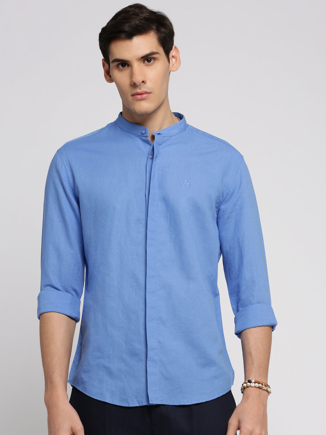 Men Blue Mandarin Collar Solid Shirt