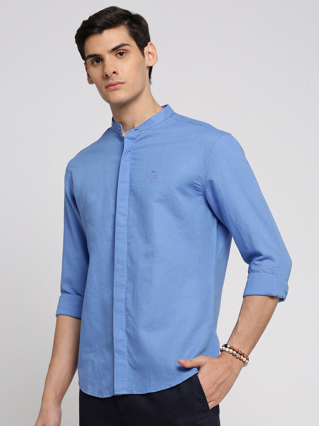 Men Blue Mandarin Collar Solid Shirt