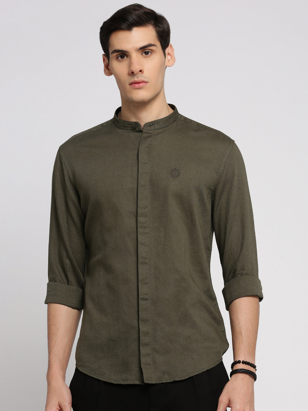 Men Olive Mandarin Collar Solid Shirt