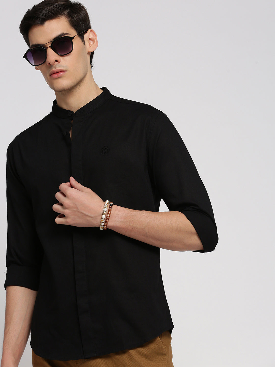 Men Black Mandarin Collar Solid Shirt