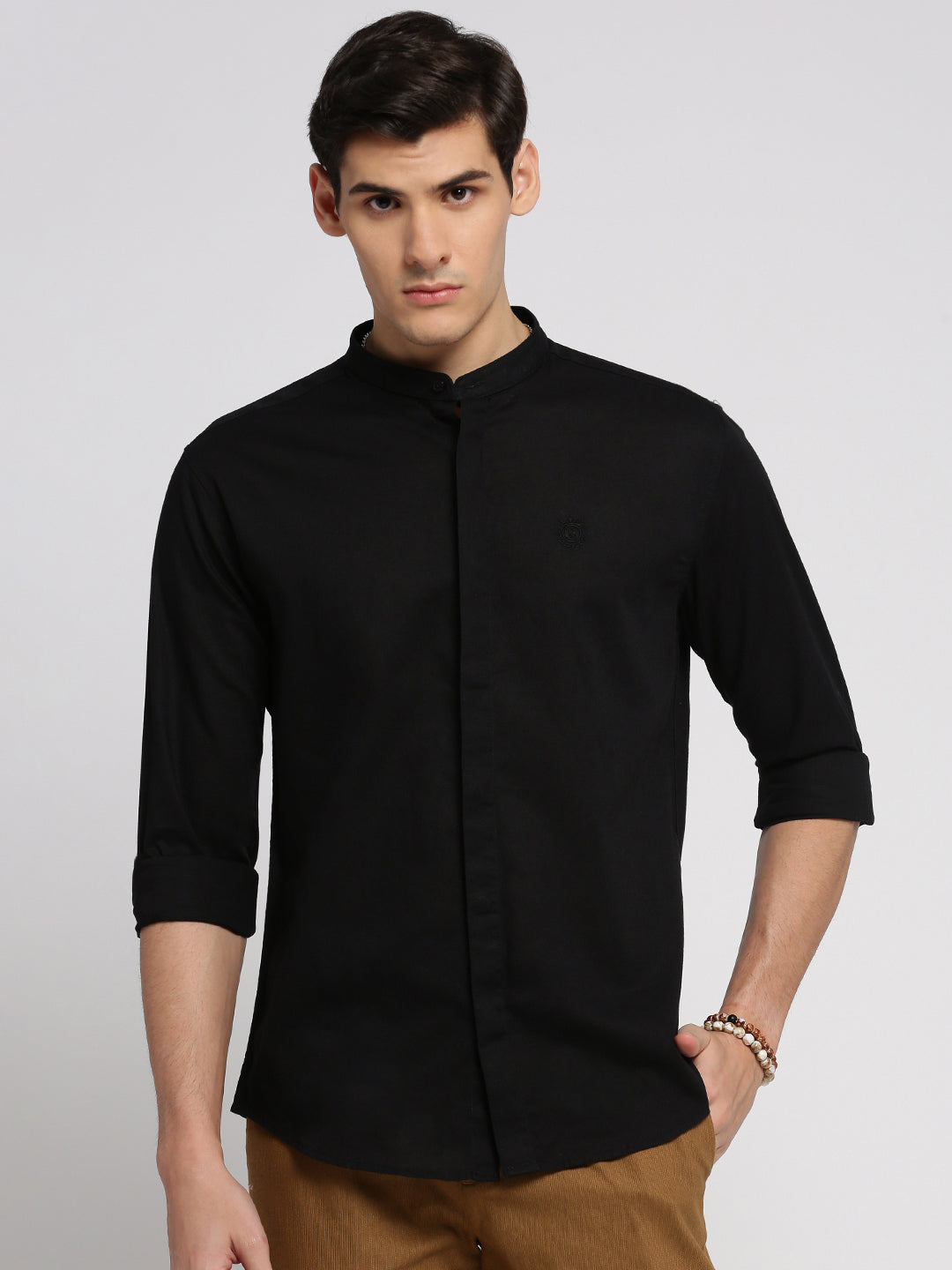 Men Black Mandarin Collar Solid Shirt