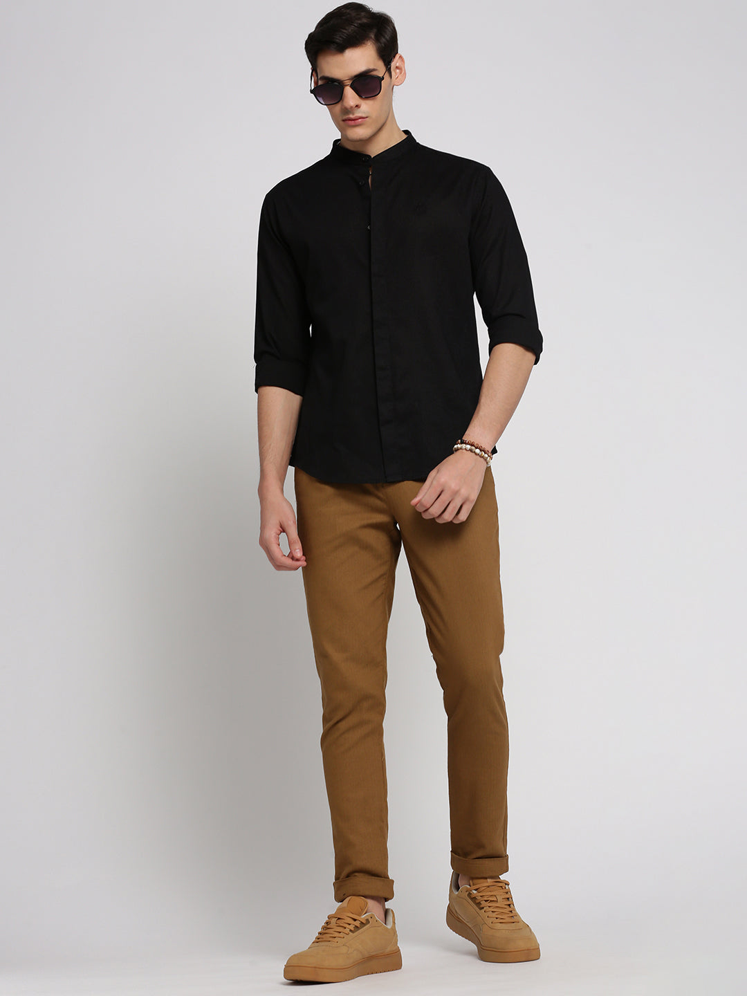 Men Black Mandarin Collar Solid Shirt