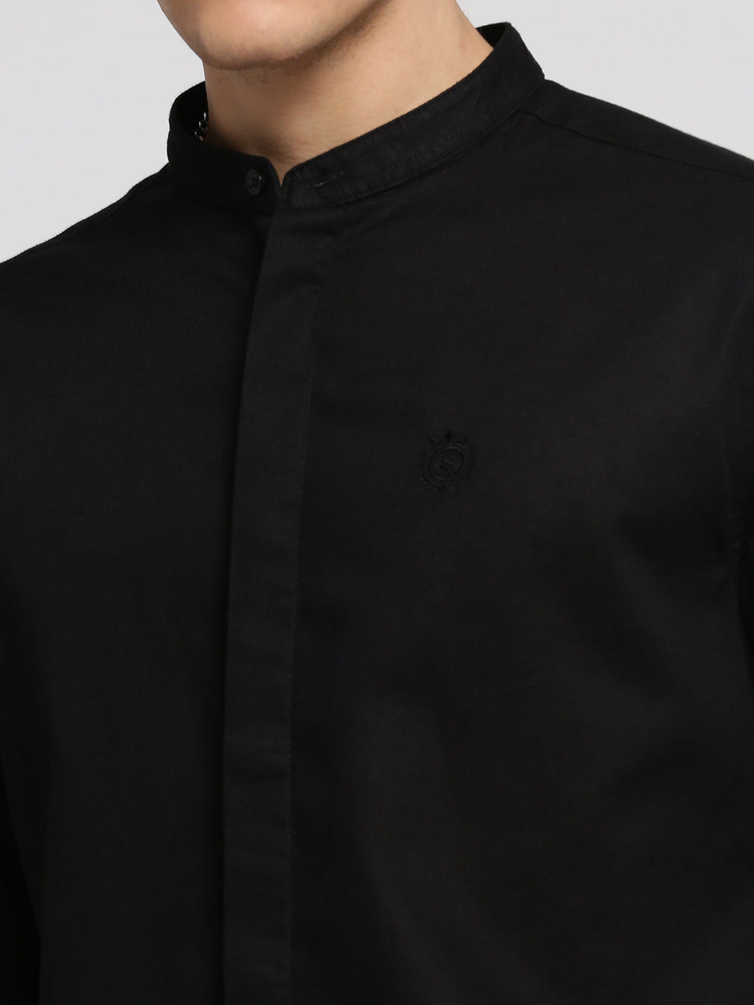 Men Black Mandarin Collar Solid Shirt