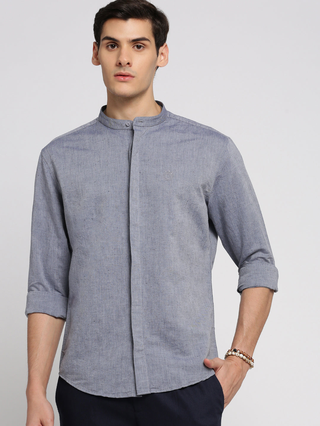 Men Grey Mandarin Collar Solid Shirt
