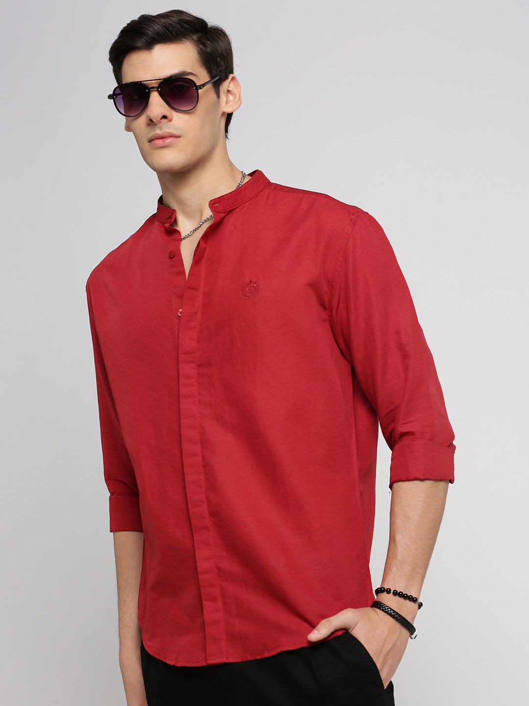 Men Red Mandarin Collar Solid Shirt