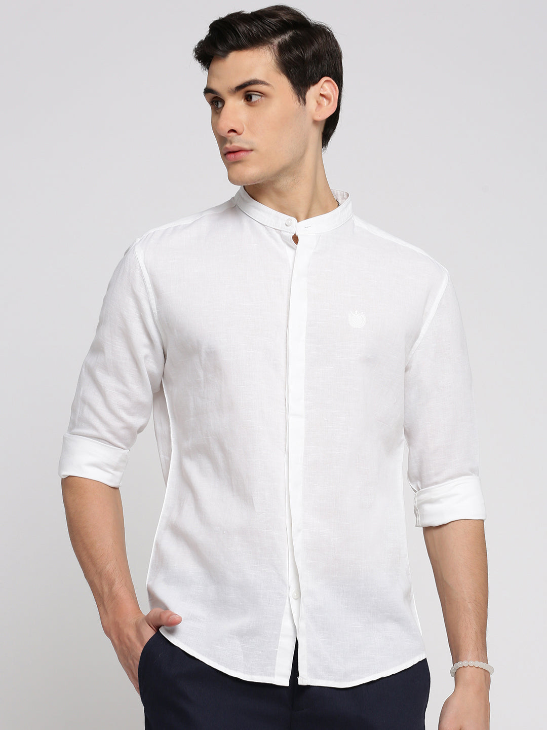 Men White Mandarin Collar Solid Shirt