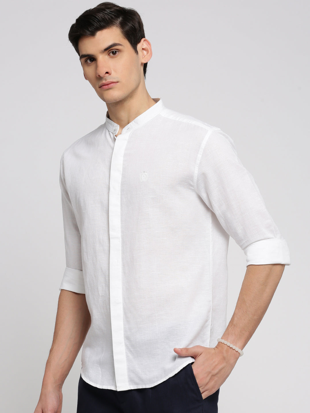 Men White Mandarin Collar Solid Shirt