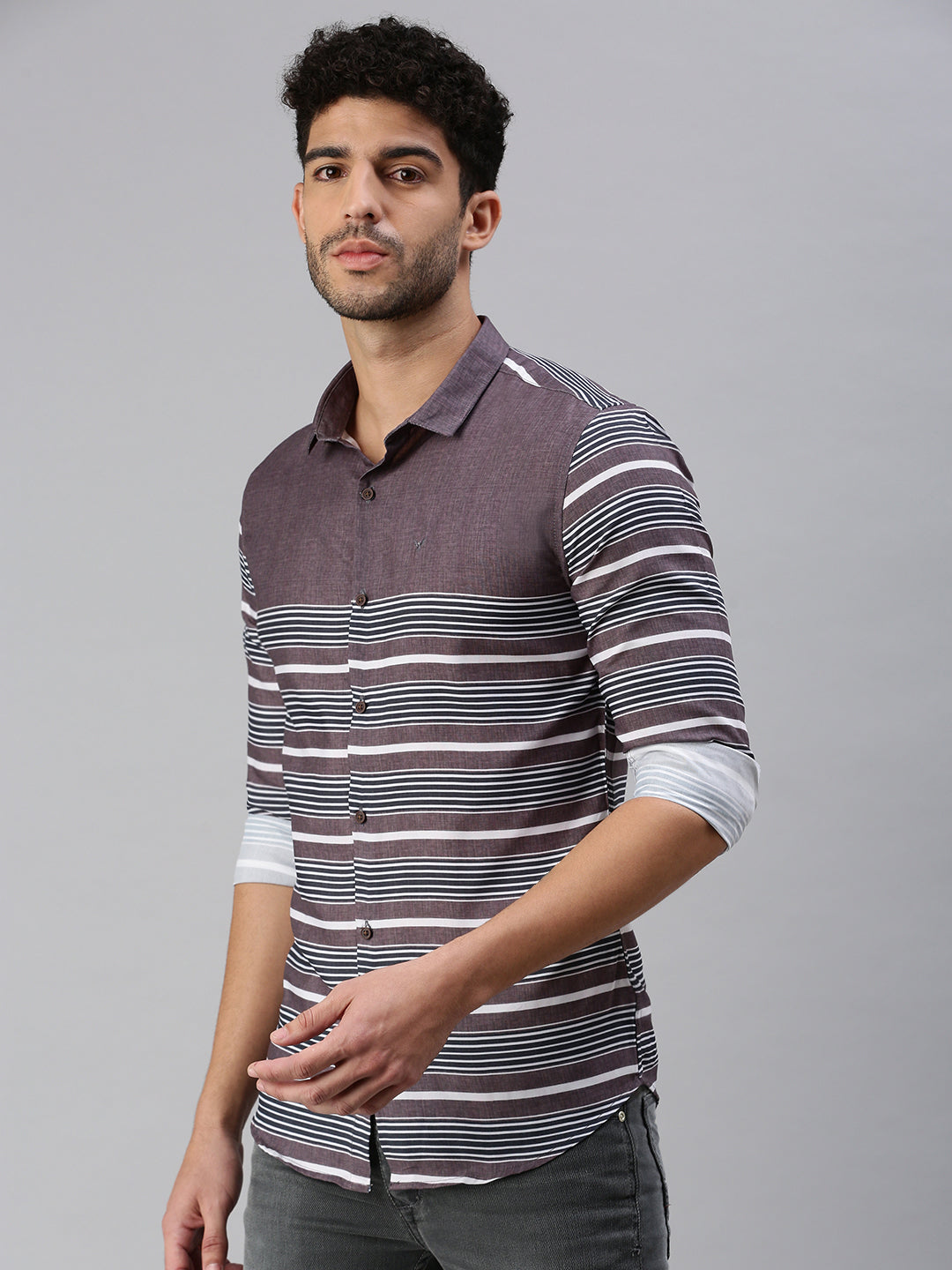 Men Grey Striped Casual Shirt