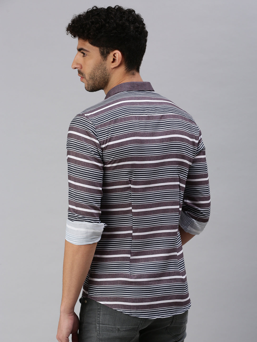 Men Grey Striped Casual Shirt