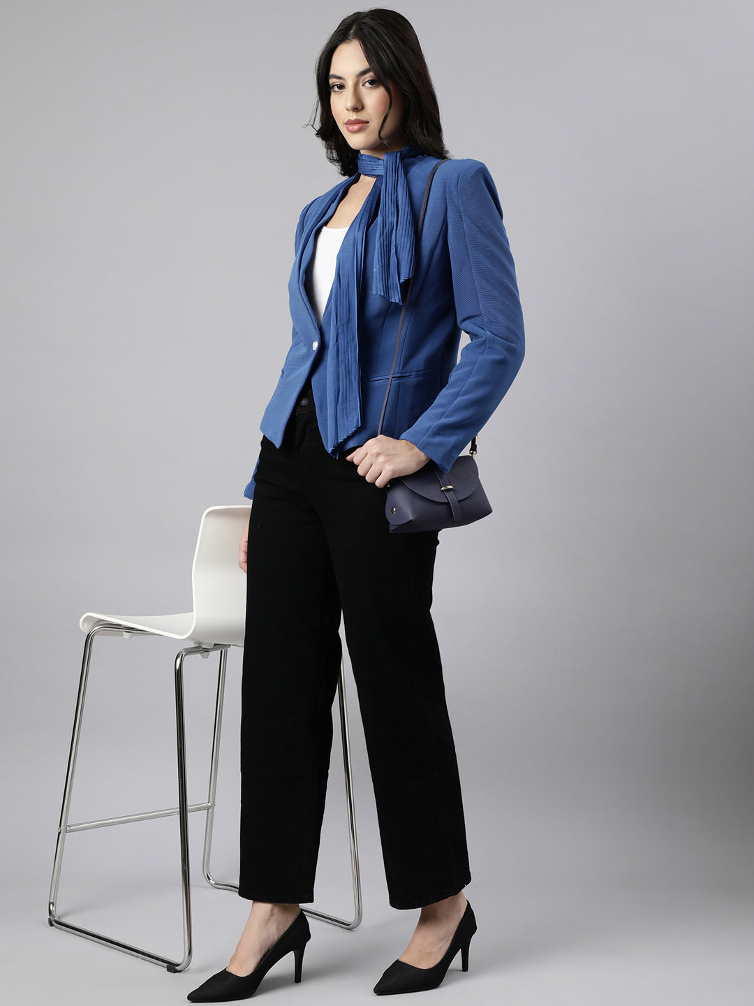 Women Blue Single-Breasted Blazer Comes Attached Scarf